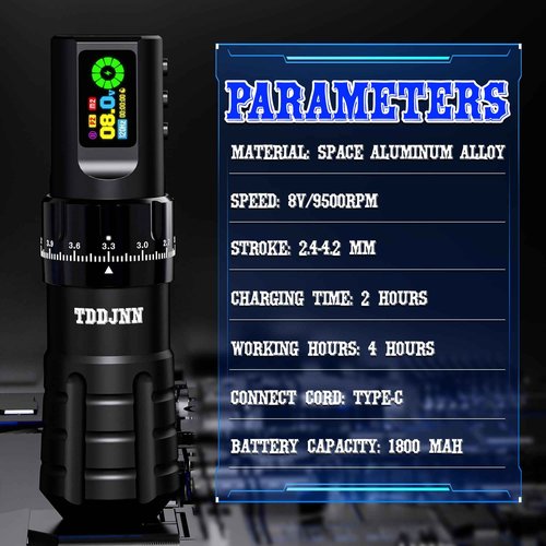 Complete Tattoo Machine Kit with TDDJNN Wireless Rotary Tattoo Pen/Gun 1800mAh LED Battery 7 Strokes Length Normal/Stippling Modes RCA Adapter 20 Cartridge Needles for Pro Artists & Beginners (BLACk)