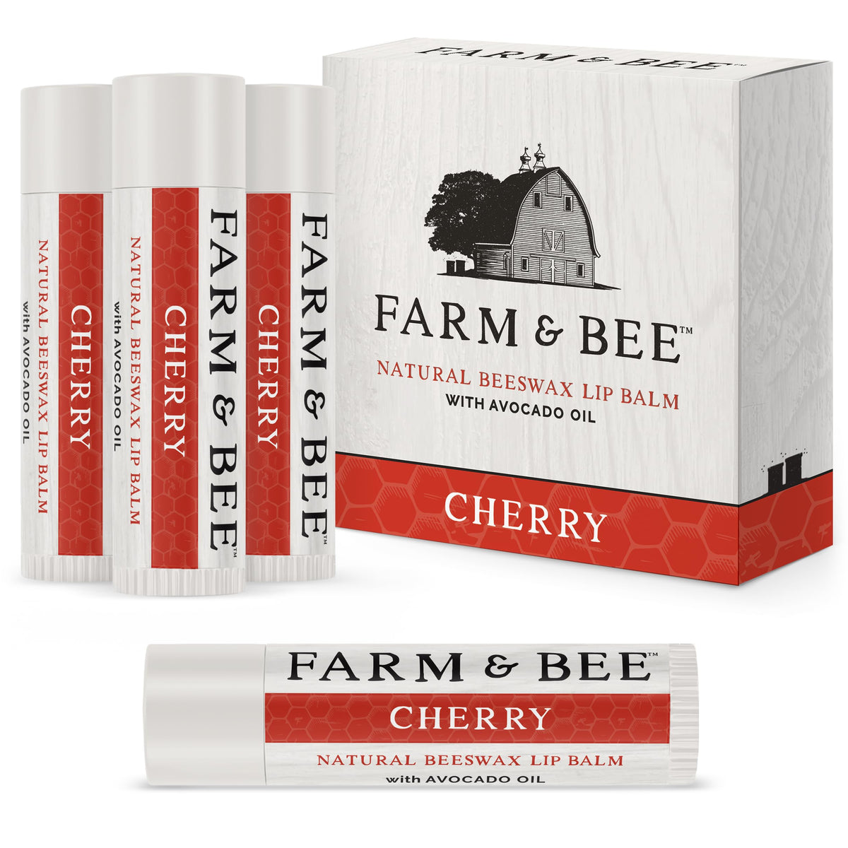 Natural Lip Balm - Organic & Natural Ingredients - Beeswax Based Moisturizing Lip Care Chapstick for Chapped Lips - Great Gift Idea - Farm & Bee - 0.15oz (Pack of 4 - Cherry)