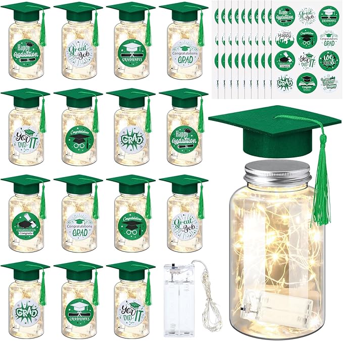 Boao 16 Sets Graduation Table Decoration Set with LED Light up Graduation Decorations for Class of 2026, Grad Jar, Felt Grad Hat and Stickers for High School College(Green,Vivid)