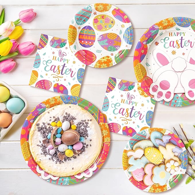 Happy Easter Plates and Napkins, 72PCS Colorful Easter Party Supplies, Bunny and Eggs Disposable Paper Plates, Spring Party Supplies, Rabbits Easter Party Decorations Serves 24