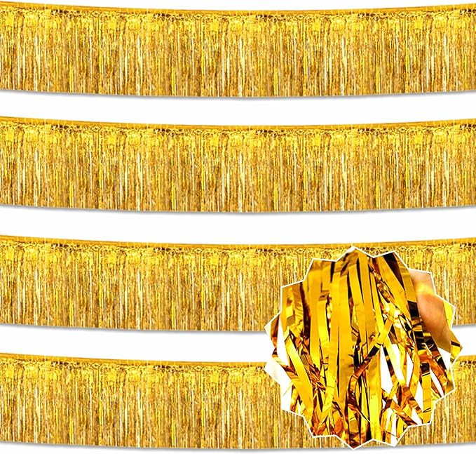 4 Pack 10 Ft Gold Foil Fringe Garland Metallic Streamers Tinsel Banner Wall Hanging Garland Backdrop for Parade Floats, Halloween, Christmas, Thanksgiving, New Year Party Decorations