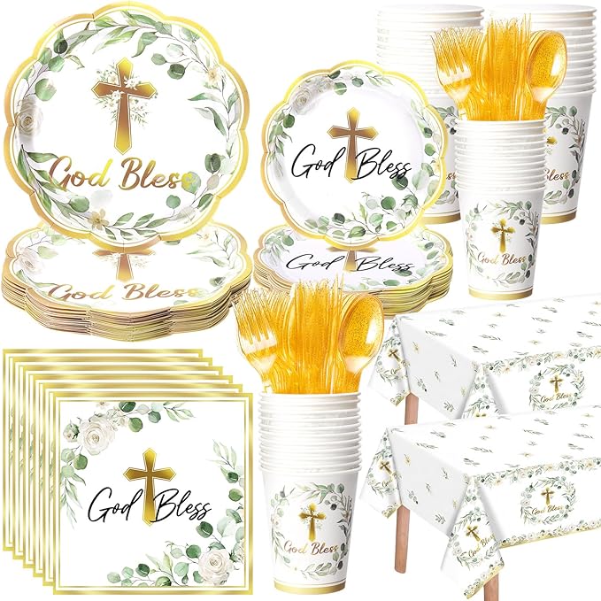 Pickmesh 194 Pcs God Bless Baptism Party Decoration Boy 24, Sage Green Baptism Paper Plate Napkin Cup Tablecloth Cutlery First Holy Communion Disposable Tableware for Christening Baby Shower Supplies