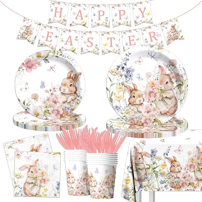 Easter Bunny Decorations-142Pcs Floral Bunny Tableware Happy Easter Plates and Napkins Kit Vintage Rabbits Spring Party Supplies for Kids