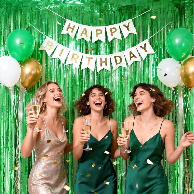 jijAcraft 3 Pack Metallic Green Tinsel Foil Fringe Curtain, Jungle Party Decorations, Emerald Green Party Photo Backdrop for St Patrick's Day Dinosaur Party Graduation Christmas Garden Party Decor