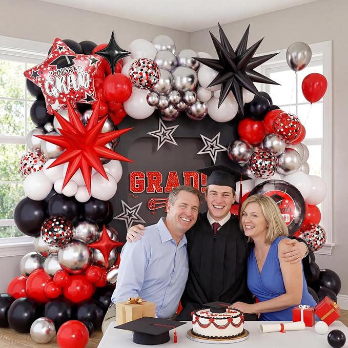 Red Black Graduation Balloon Arch Kit 2026 Graduation Decorations, Silver Number 2026 Balloons with Explosion Star Round Congrats Grad Foil Balloon for College High School Class of 2026 Grad Party