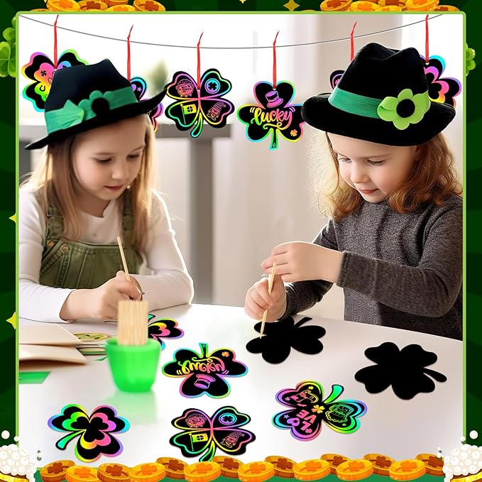 JULMELON 36 PCS St. Patrick’s Day Shamrocks Scratch Crafts Bulk Rainbow Magic Scratch Art for Kids DIY Handmade Saint Patrick’s Day Crafts for Kids St Patricks Day Classroom Party Favors Gift Tag