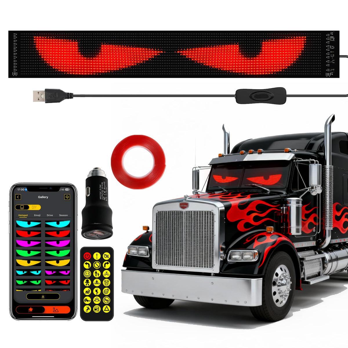 Truck Windshield LED Eyes | 69.4*7.56Programmable Devil Eyes Light Bar with APP & Remote for Semi-Trucks