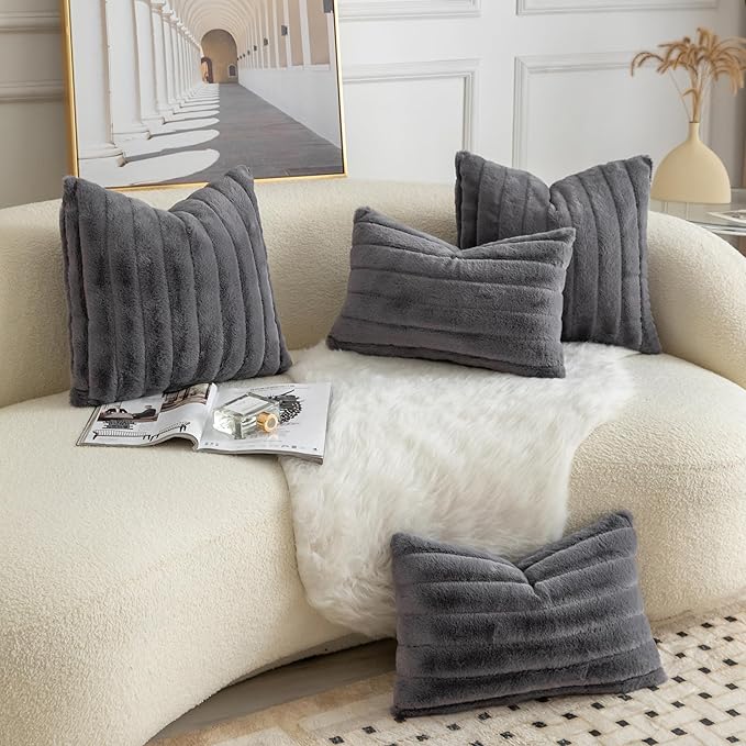 Pack of 2 Faux Fur Throw Pillow Covers 12x20 Inch Striped Decorative Soft Plush Couch Pillow Case Home Decor for Bed, Sofa, Living Room Darkgrey