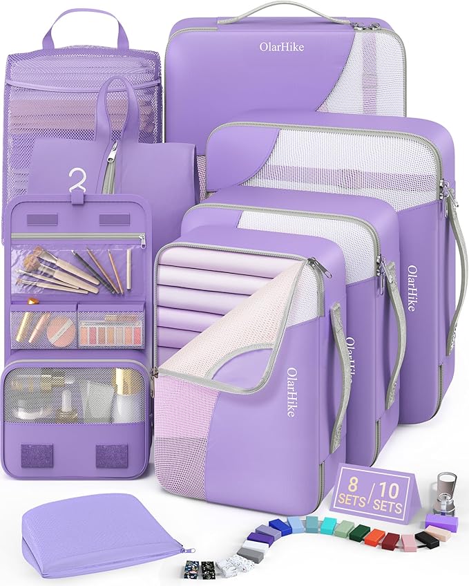 8 Set Packing Cubes for Travel, Gifts for Women Mom,Anti-Tearing Suitcase Organizer for Luggage with Shoe & Hanging Toiletry Bag,OlarHike Vacation Essentials & Accessories for Cruise Ship