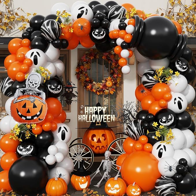 Halloween Balloons Decorations, Pumpkin Skull Balloon Black Orange White Balloon Garland Arch Kit Ghost Balloon for Scary Horror Outdoor Indoor Haunted Halloween Birthday Party Decoration Supplies