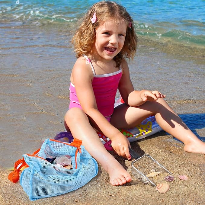 Vodolo 2 PCS Beach Mesh Shovel with 2 PCS Mesh Beach Bag for Filter Sand, Kids Shell Collecting Scooper for Picking Up Shells, Shark Tooth Sifter for Boys and Girls, Beach Toy