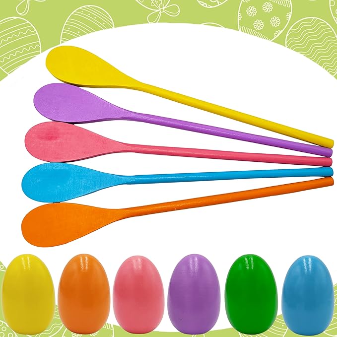24 Wooden Easter Eggs and 24 Wooden Spoon Race Game Set, 24 Sets, Multi-Player Carnival Game for Kids & Family Activity Holiday Outdoor Yard Easter Egg Hunt Birthday Party Lawn Games