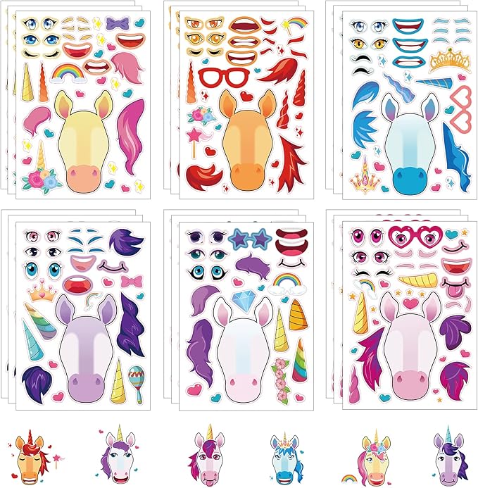 24 Sheets Unicorns Make a Face Sticker Sheets for Kids Todders Activities, Make Your Own Stickers for Kids Birthday Party Favor Supplies Craft