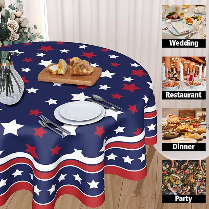 4th of July Tablecloth Round 60 Inch Patriotic Independence Day American Flag Table Cloth Washable Navy Blue Memorial Day Table Cover for Kitchen Dinner Room Holiday Picnic Party Indoor Outdoor Decor