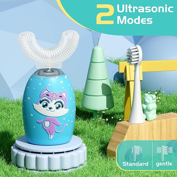 Kids U Shaped Electric Toothbrush with 4 Brush Heads, Rechargeable Toothbrush Kids with 2 Modes, Cartoon Cat 360-Degree Cleaning IPX7 Waterproof Design (Ages 2-12)