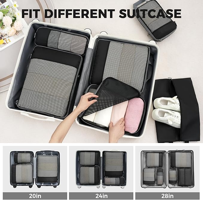 BAGAIL 4 Set/6 Set/8 Set Compression Packing Cubes Travel Accessories Expandable Packing Organizers (Half Mesh, 6-Black)