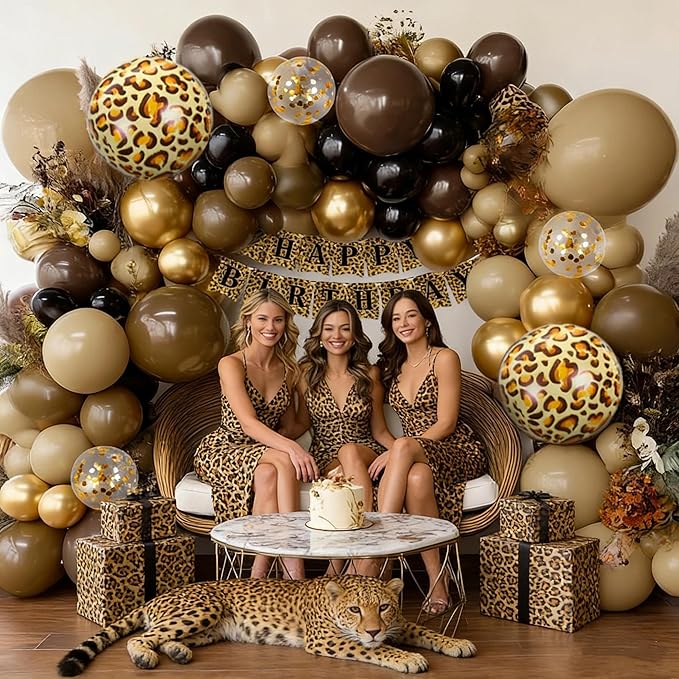 Brown Black Balloon Arch Double Stuffed Cheetah Birthday Balloon Garland Kit Coffee Tan Nude Gold Balloons for Cheetah Leopard Print Birthday Animal Jungle Neutral Baby Shower Wedding Wild Party Decor