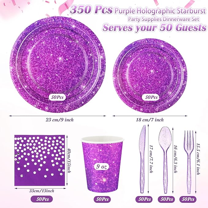 Hushee 350 Pcs Purple Holographic Print Party Supplies Guests Disposable Dinnerware Set Include Paper Plates, Napkins, Cups, Plastic Cutlery for Wedding Birthday Disco Bachelorette