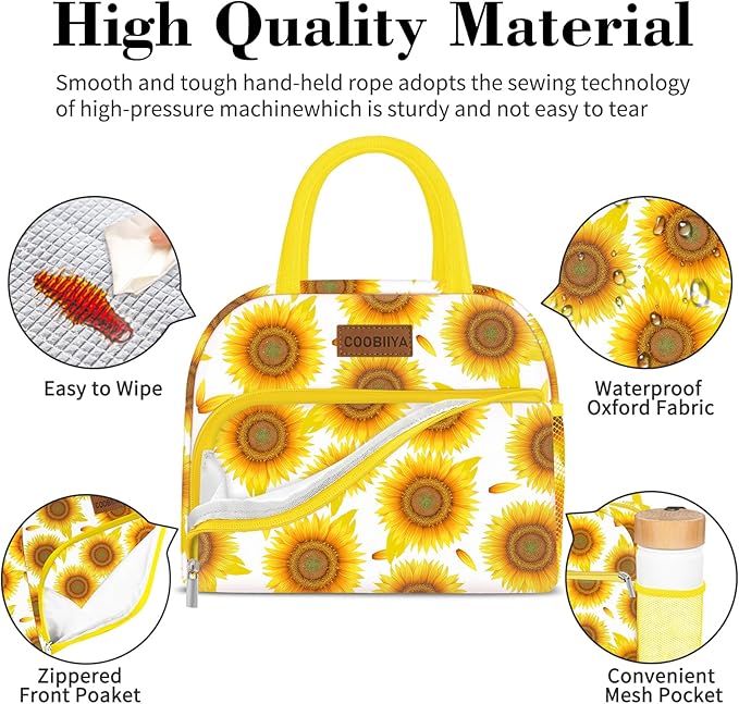Coobiiya Lunch Bag Women, Lunch Box for Women Adult Men, Small Leakproof Cute Lunch Tote Large Capacity Reusable Insulated Cooler Lunch Container for Work/Office/Picnic/Travel-Sun Flower
