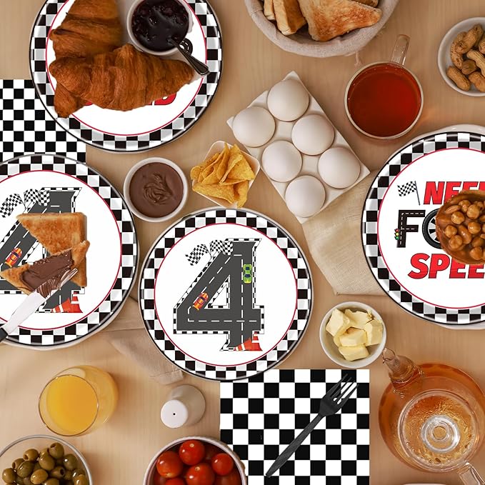 Rakuto Cars 4th Birthday Party Plates and Napkins Set, 96PCS Need Four Speed Birthday Decorations Supplies, Racing Car Fourth Disposable Tableware for Boys