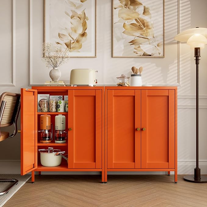 31.5"H Orange Metal Cabinet,Small Bathroom Storage Cabinet,Bathroom Floor Storage Cabinets,Small sideboard with 2 Adjustable Shelves & 2 Doors,Metal Kitchen Storage Cabinet for Hallway,Home Office