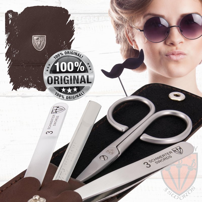 3 Swords Germany - brand quality 3 piece stainless steel INOX manicure pedicure grooming kit set for professional finger & toe nail care scissors file tweezers genuine leather case in gift box (03874)
