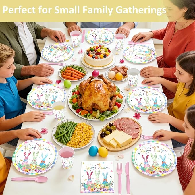 112 PCS Easter Day Party Disposable Set for 16 Guests - Complete 9'' & 7'' Paper Plates, Napkins, Cups, Knives, Forks & Spoons | Perfect for Easter Brunch, Spring Picnic, Holiday,Birthday