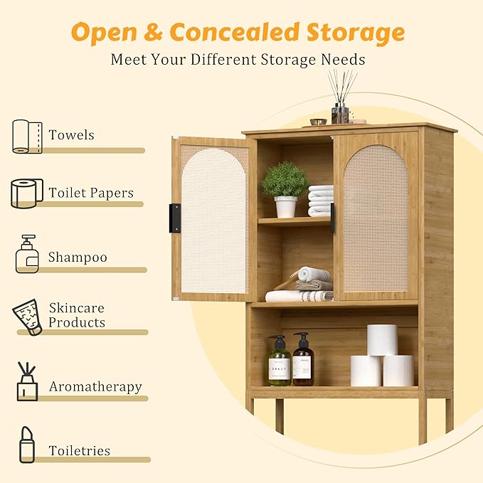 MUPATER 66.9'' Bamboo Over The Toilet Storage Cabinet, Bathroom Space Saver, U-Shaped Door with Rattan Surface, Over Toilet Bathroom Organizer with Open Storage Shelf, Natural
