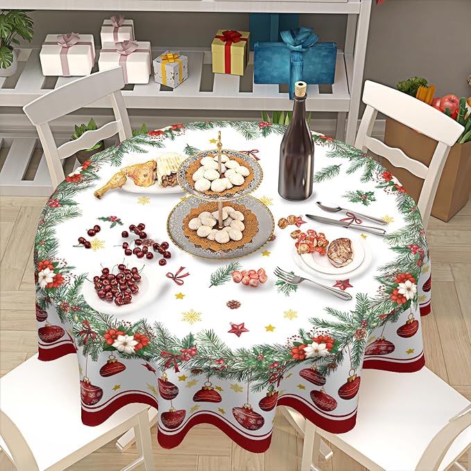 Christmas Round Tablecloth 60 Inch Xmas Bells and Snowflake Pattern Table Cloth Circle Winter Holiday Table Cover Washable Polyester Indoor Decor for Home Kitchen Dinning Party