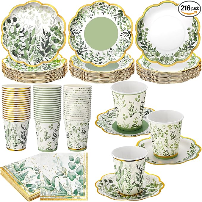 Yungyan 216 Pcs 72 Guests Greenery Plates and Napkins Party Supplies Sage Green and Gold Scalloped Disposable Eucalyptus Paper 6" Plates, Napkins and 9 oz Cups Set for Baby Shower Wedding Decoration
