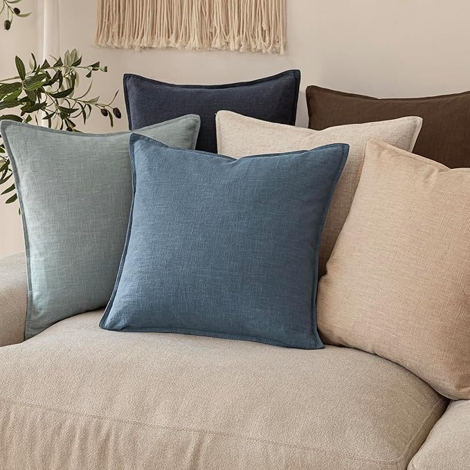 Foindtower Set of 2, Decorative Linen Soild Throw Pillow Covers Soft Accent Euro Cushion Case Boho Farmhouse Neutral Pillowcase for Couch Sofa Bedroom Living Room Home Decor 18 x 18 Inch Misty Blue