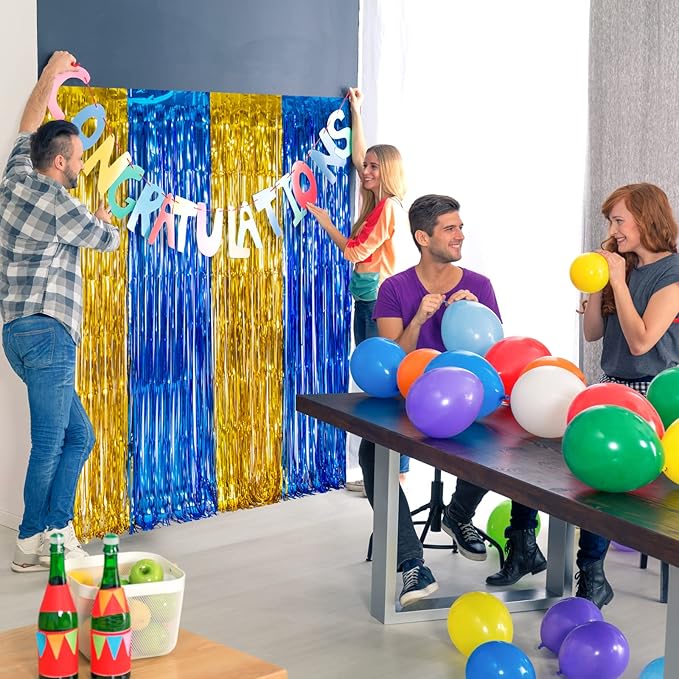 LOLStar Graduation Party Decoration, 2 Pack Blue and Gold 3.3x6.6 ft Foil Fringe Curtains, Tinsel Backdrop, Graduation Photo Booth Prop Streamer Backdrop for Class of 2026, Prom and Grad Party Decor