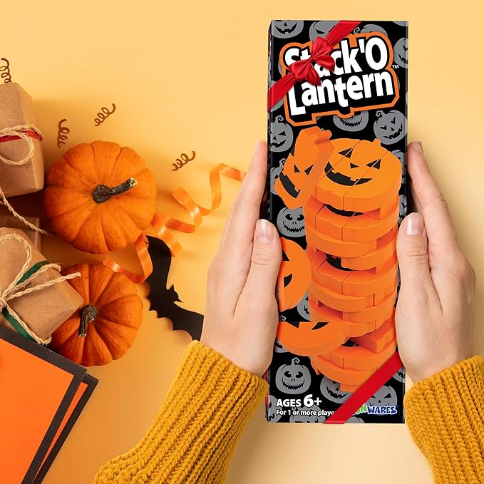 Funwares Stack 'O Lantern Pumpkin Stack-Up Wooden Blocks Stacking Game, Tumbling Tower, Family & Party Fun, Kids and Adults, Holiday Decoration, Ages 6+