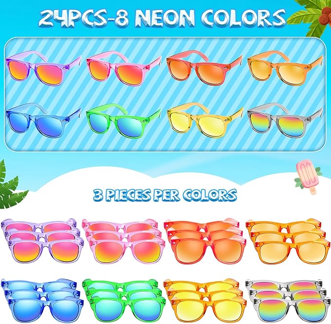 Kids Sunglasses Bulk Party Favors - 24Packs Boys Girls Sunglasses for Kids Age 3-8, Neon Sunglass with UV400 Protection, Goodie Bags Stuffers for Kid Birthday Party Supplies, End of Year Student Gifts