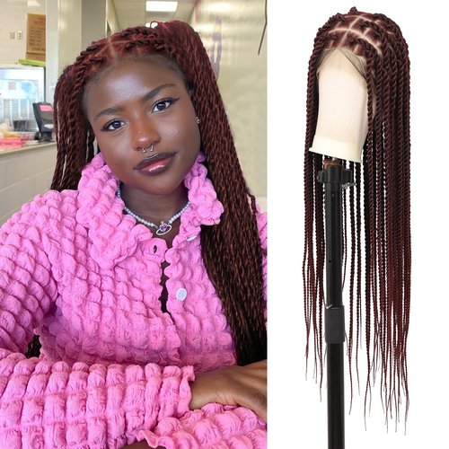 Youthfee 360° HD Full Lace Braided Wigs Knotless Twist Braided Wig for Women Braid Lace Front Wig with Baby Hair Premium Synthetic Long Burgundy Twist Braid wigs 36 Inch