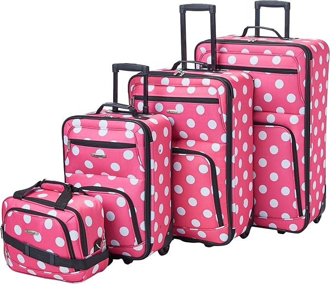 Rockland Polka Softside Upright Luggage Set, Expandable, Lightweight, Pink Dots, 4-Piece (14/19/24/28)