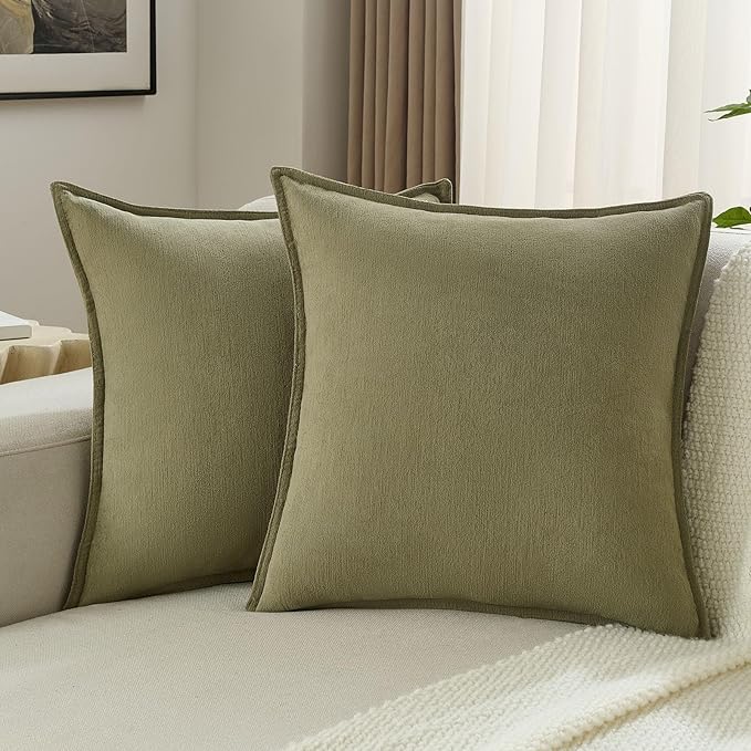 FUTEI Olive Green Chenille Throw Pillow Covers 18x18 Inch Set of 2,Edges Double-Stitched Cushion Cases,Modern Home Decor for Couch Living Room