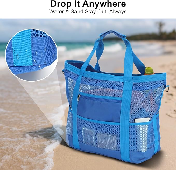 Mesh Beach Bags for Family - Women Beach Tote Bag for Toys, Towels, Travel Vacation Cruise Essentials
