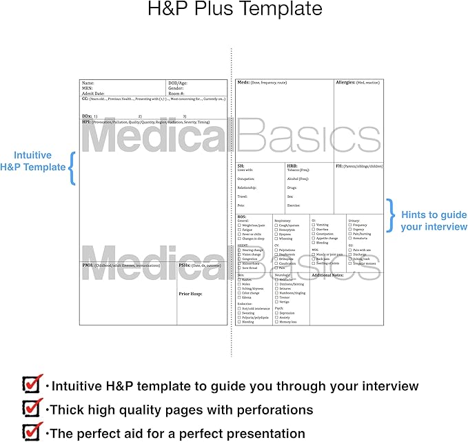 H&P notebook (Large Print) - Medical History and Physical notebook, 50 medical templates with perforations