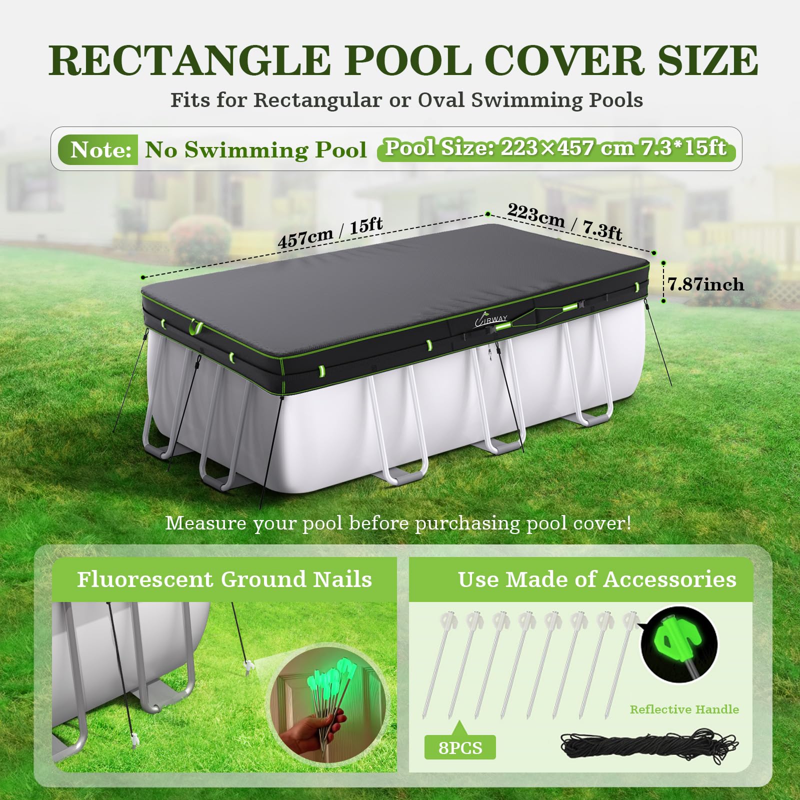 UIRWAY 7.3x15 FT Rectangular Pool Cover with Reflective Strips, Swimming Pool Cover for Above Ground Pool, Solar Cover Including Rope Tie and Luminous Ground Nails for Rectangular or Oval Pools