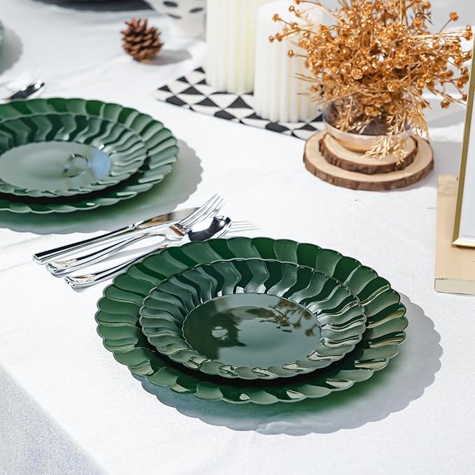 Lullaby 60PCS Green Scalloped Plastic Plates, Disposable Elegant Party Plates Include 30pcs Dinner Plate 10.25", 30pcs Plastic Dessert Plate 7.5", Perfect for Wedding and Party