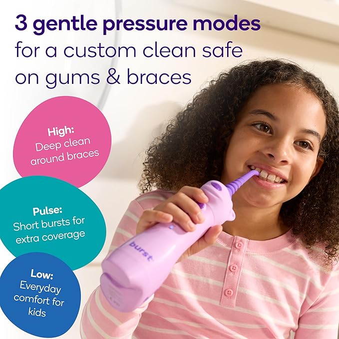 BURST Kids Water Flosser (Unicorn) | Cordless & Rechargeable Water Flosser for Teeth | 3 Gentle Pressure Modes | Silicone Safety Tip | Braces-Friendly | Fun, Kid-Safe Design | 155mL Water Tank