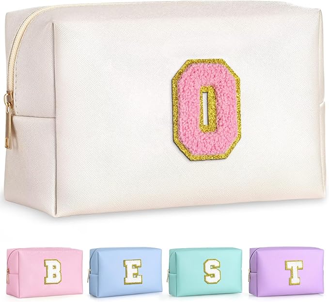 TOPEAST Small Makeup Bag Initial Cosmetic Bag Travel Toiletry Bag, Personalized Birthday Gift for Mom Sister Friends Teacher Nurse, Preppy Travel Stuff for Girls (Pearly White O)