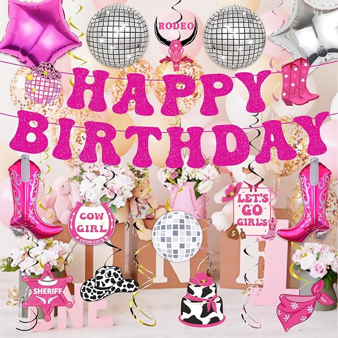 34pcs Disco Cowgirl Birthday Party Decorations, Western Cowgirl Party Decorations Hot Pink Happy Birthday Banner Disco Cowgirl Balloon Last Rodeo Bachelorette Party Decor Supplies for Women Girls