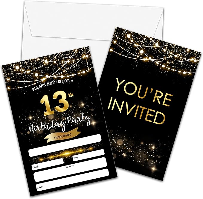 13th Birthday Invitations with Envelopes - Black Gold Glitter Fill-in Invites Cards - Surprise Birthday Party Invitation Card for Girls/Boys - Kids Birthday Party Favors Supplies Decorations (20 Pack)