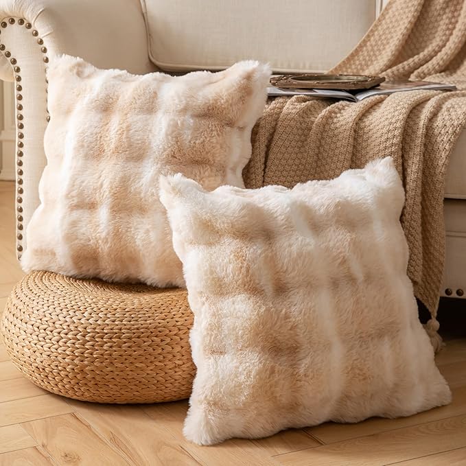 Pack of 2 Thick Plush Throw Pillow Covers Fluffy Wave Faux Fur Decorative Cushion Covers Soft Wool Pillowcase for Sofa Couch Livingroom 20x20 Inch White Beige