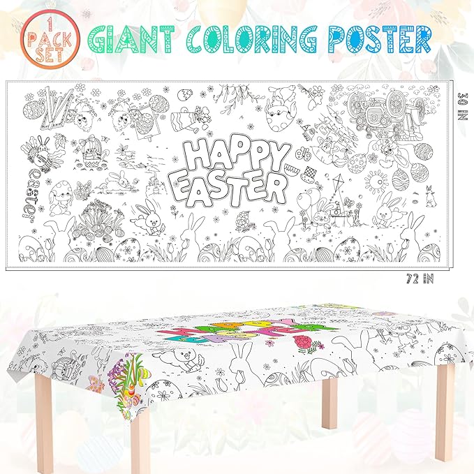 Tbsone Easter Coloring Tablecloth Poster, 72x30 Inch Spring and Easter Paper Crafts for Kids, Games Activities Party Decorations