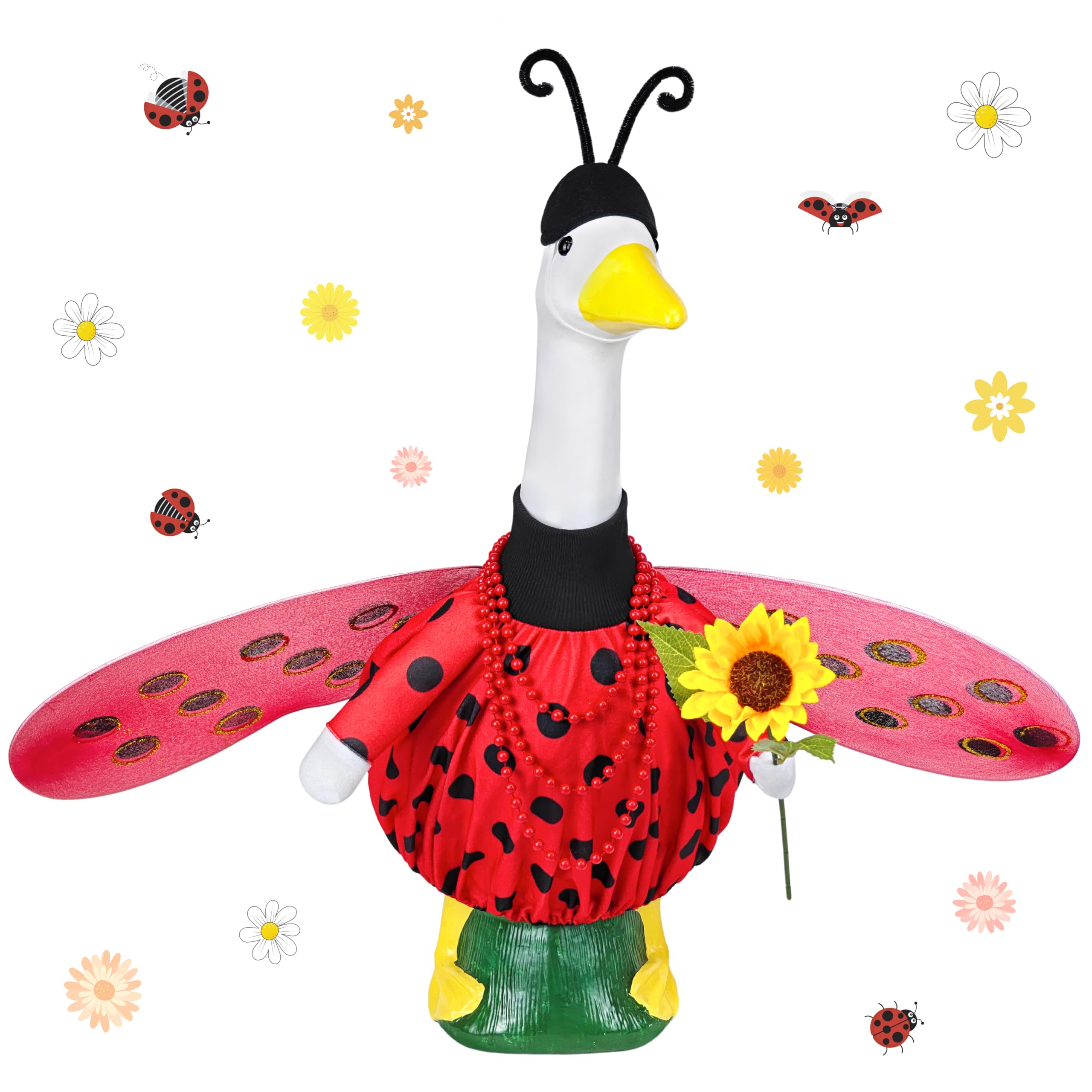 Ueyben Bee Ladybug Porch Goose Outfit, Spring Summer Goose Outfit with Wings Summer Gooses Costume for 23" Lawn Cement Plastic Geese Statue for Garden Yard Decor (Ladybug)
