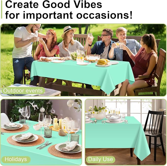 QIKSION Fresh Mint Plastic Table Cloth Disposable 6 Pack, 54 x 108 Inch Tablecloths for Party, Birthday, Rectangle Table Cover