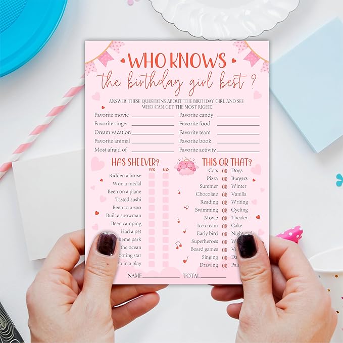 6"X8" Who Knows The Birthday Girl Best - Pink Full Print Heart Funny Double-Sided 3-in-1 Game Card Set for Girls Birthday Party, Sleepover Party Activities Supplies (20 Pcs)- A04